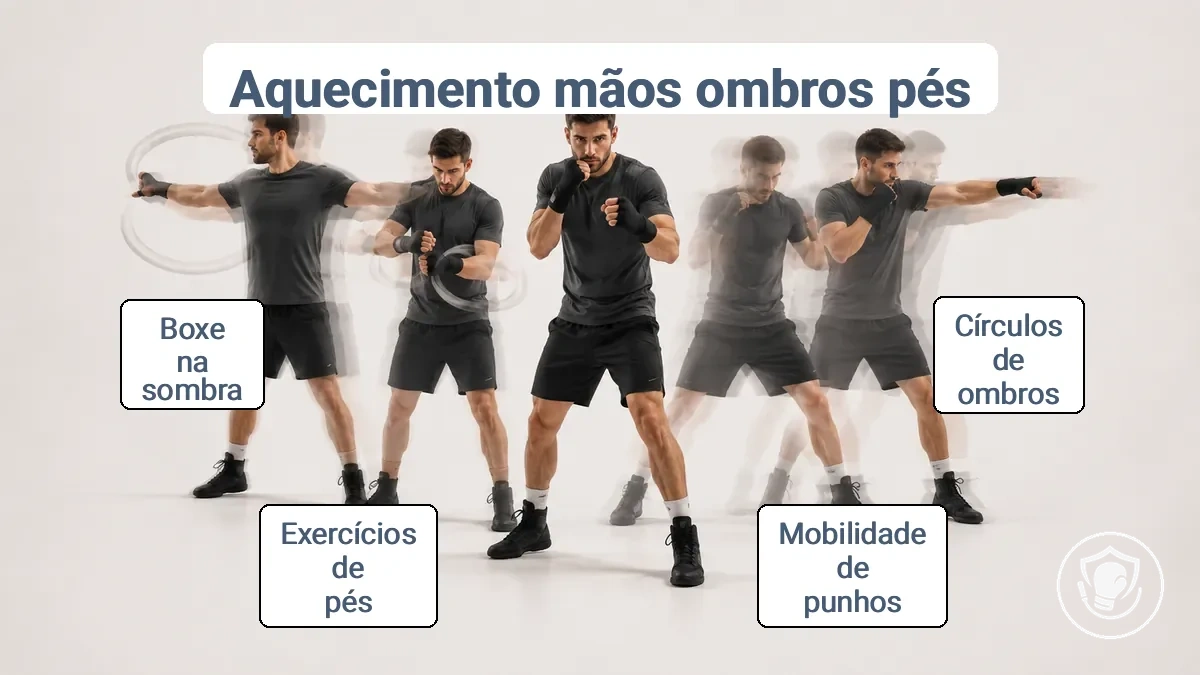 Sequência do bloco de aquecimento: círculos de ombros, mobilidade de punhos, exercícios de jogo de pés, postura de guarda e socos leves.