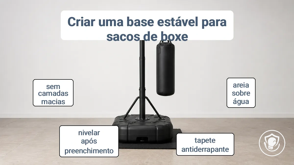 Base de saco de pancadas independente sobre piso de cerâmica com tapete antiderrapante de borracha abaixo para estabilidade