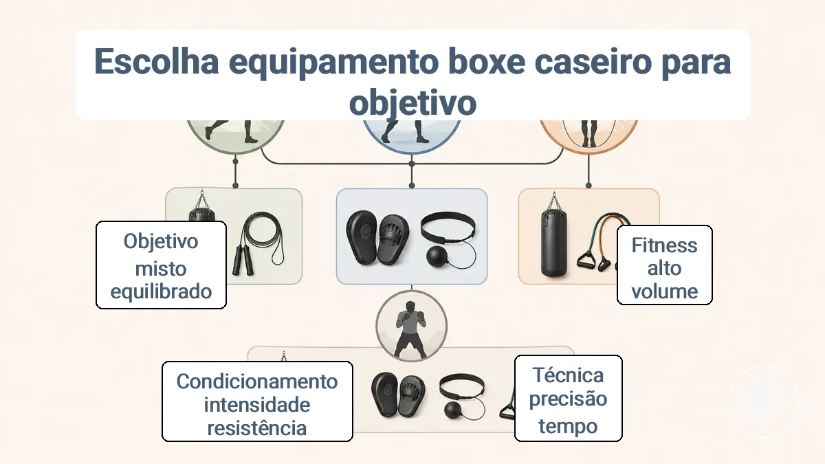 Diagrama de decisão de equipamentos por objetivo para boxe em casa para iniciantes: condicionamento físico, técnica e preparo físico mapeados para categorias de equipamentos