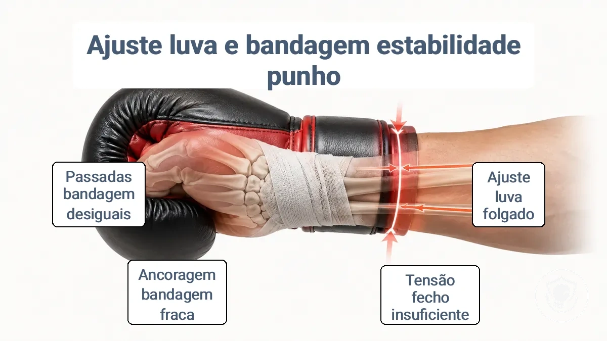 Pontos de ancoragem do punho da luva de boxe e da bandagem manual ilustrando o posicionamento correto para estabilidade do punho