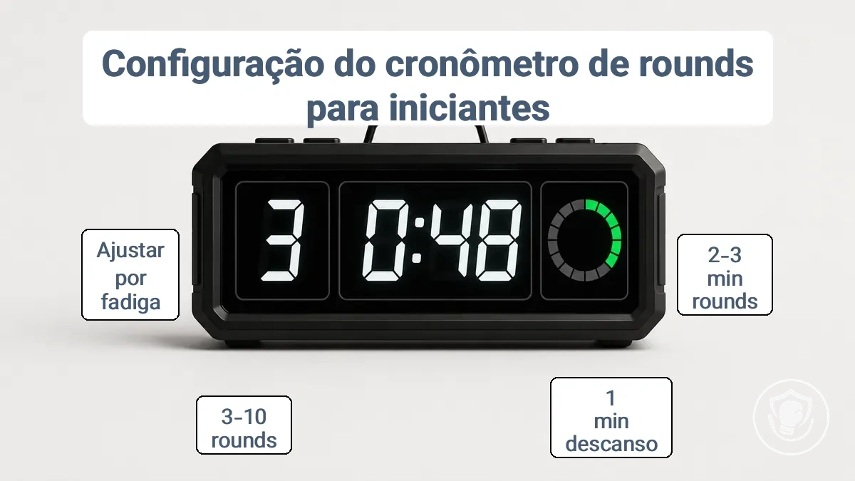 Configuração de cronômetro de rounds de boxe mostrando número do round, tempo de contagem regressiva e indicador de descanso para treino iniciante