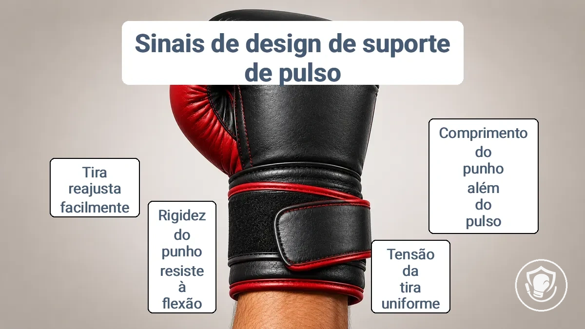Punho e tira de luva de boxe anotados, mostrando sinais de design de suporte de punho para iniciantes.