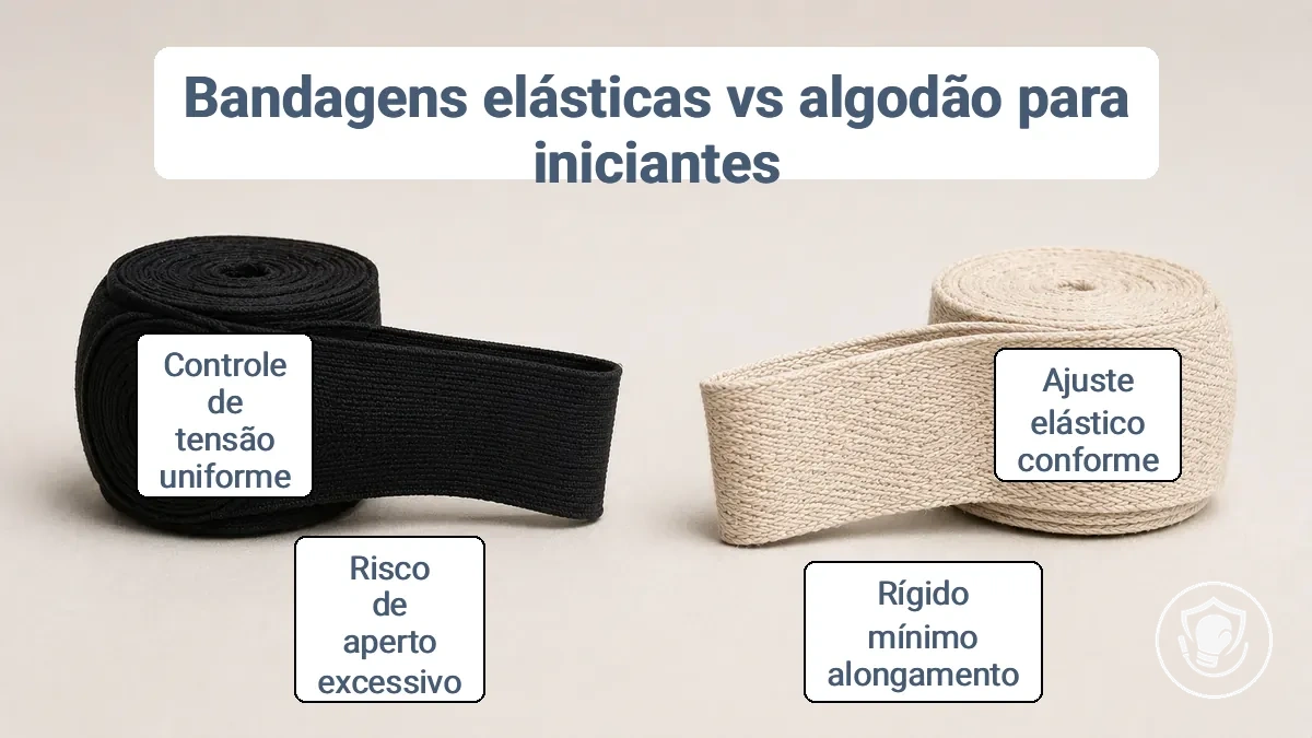 Close-up do tecido de bandagem elástica e de algodão mostrando diferenças de textura e elasticidade