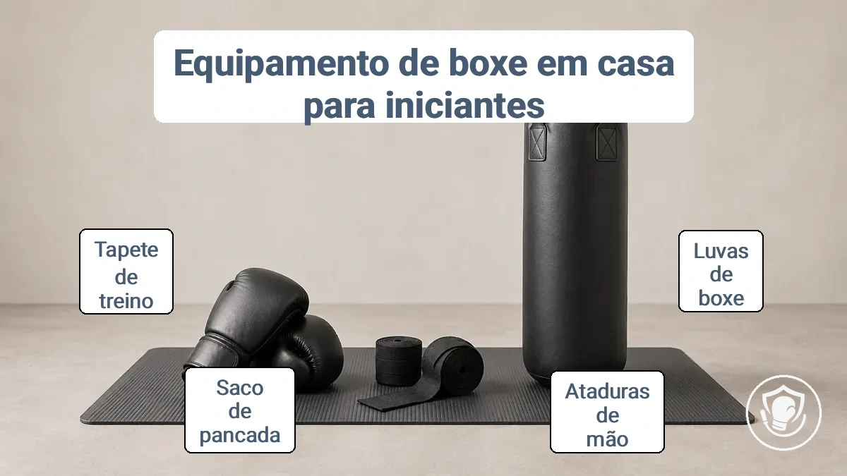 Luvas de boxe, bandagens e um saco de pancadas organizados em um tapete de treino — equipamentos essenciais de boxe em casa para iniciantes