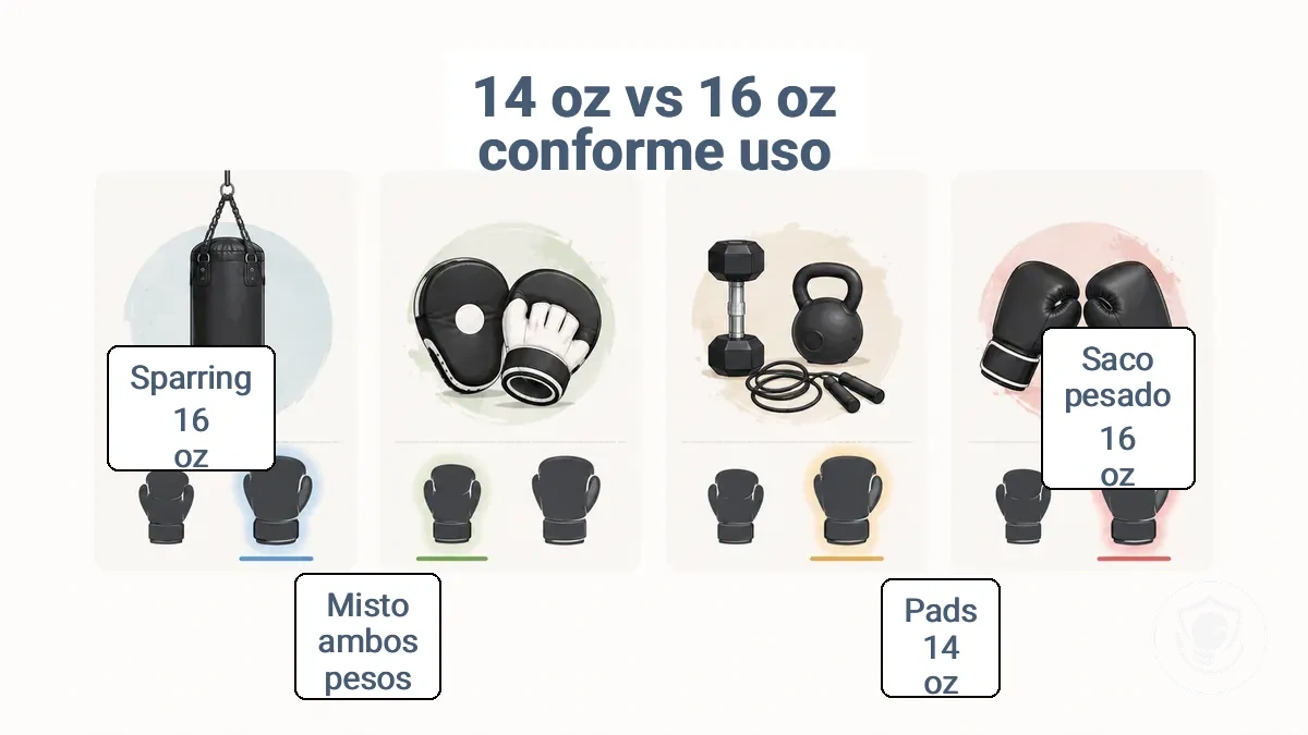 Matriz de decisão mostrando como saco pesado, aparadores, sessões mistas e sparring se relacionam com as tendências de luvas de 14 oz e 16 oz