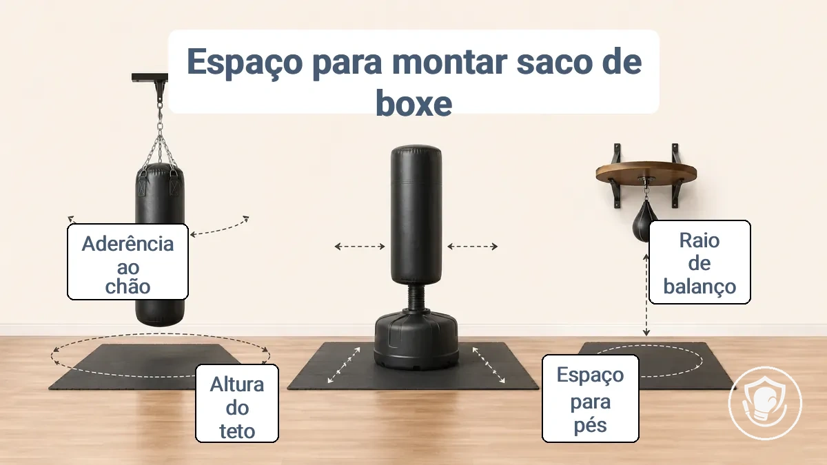 Diagrama mostrando os requisitos de folga para diferentes montagens de saco de pancada em casa