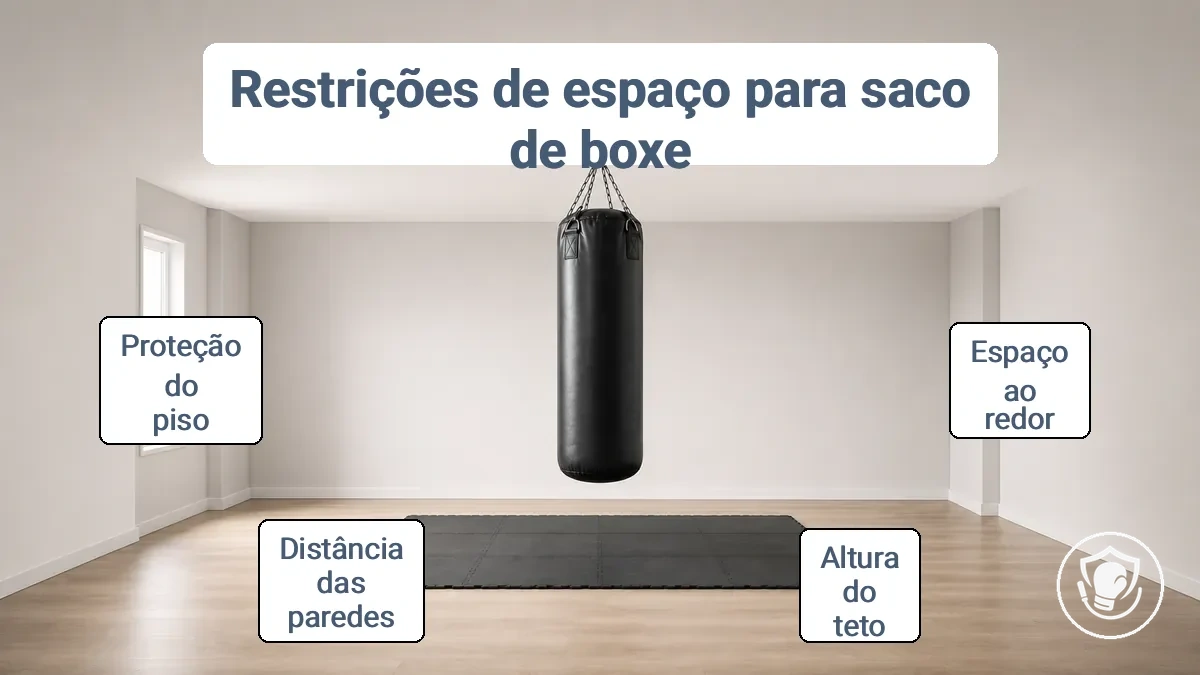 Diagrama mostrando zonas de folga necessárias ao redor de um saco pesado para treino seguro