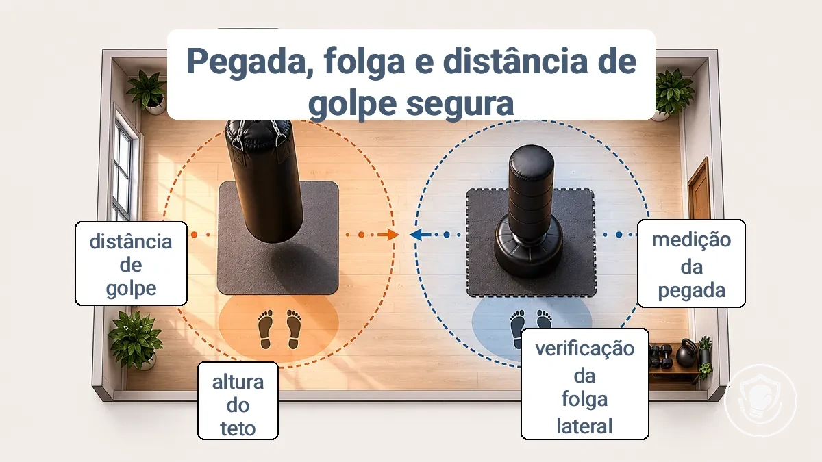 Layout de cômodo anotado mostrando as zonas de pegada e folga para um saco de pancadas suspenso vs de pé e a distância segura de golpe.