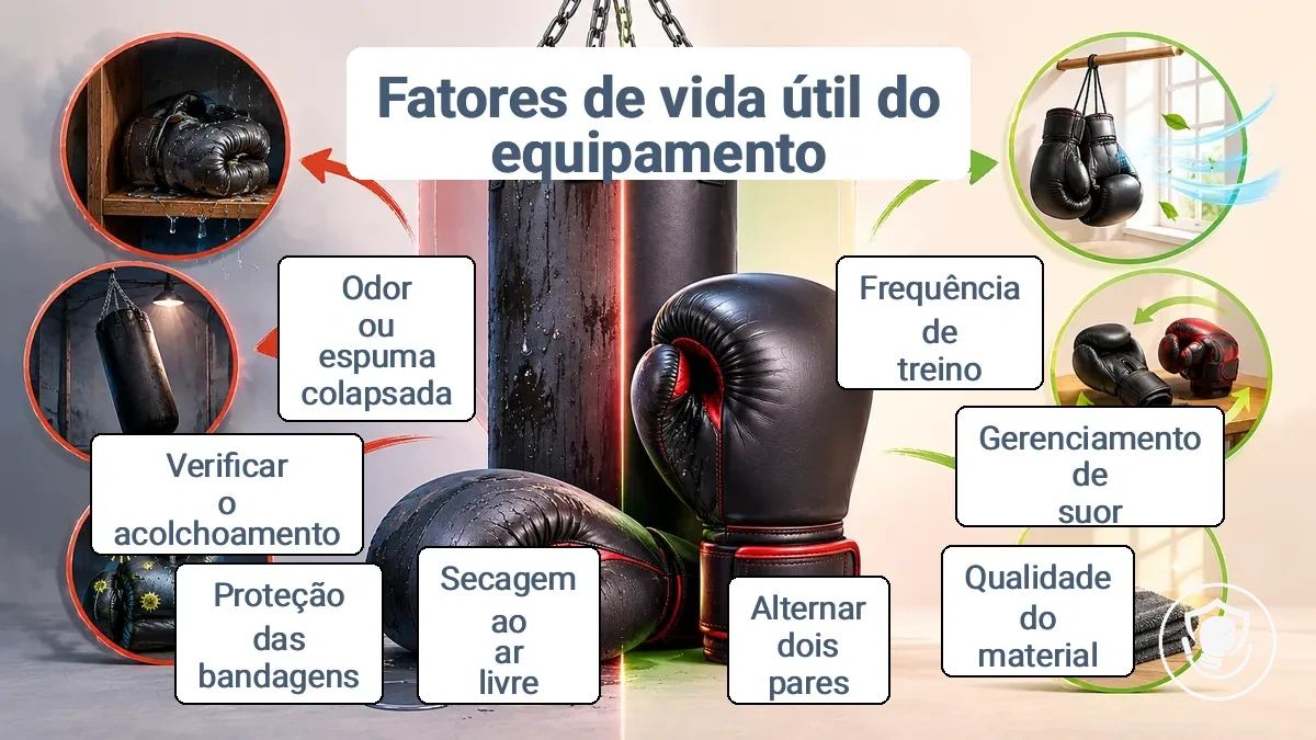 Infográfico de faixa de vida útil para equipamentos de boxe para iniciantes mostrando fatores que encurtam ou prolongam a durabilidade
