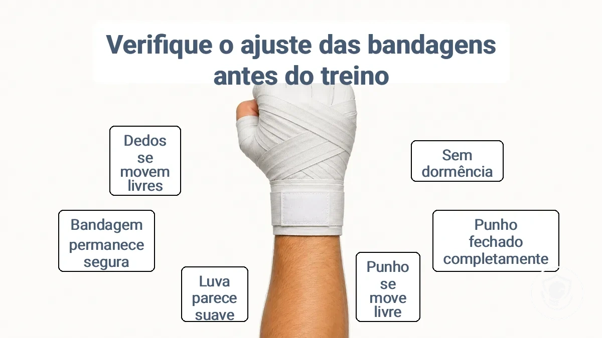 Uma mão enluvada fechando o punho com o pulso reto e as pontas da bandagem retas, demonstrando o ajuste correto
