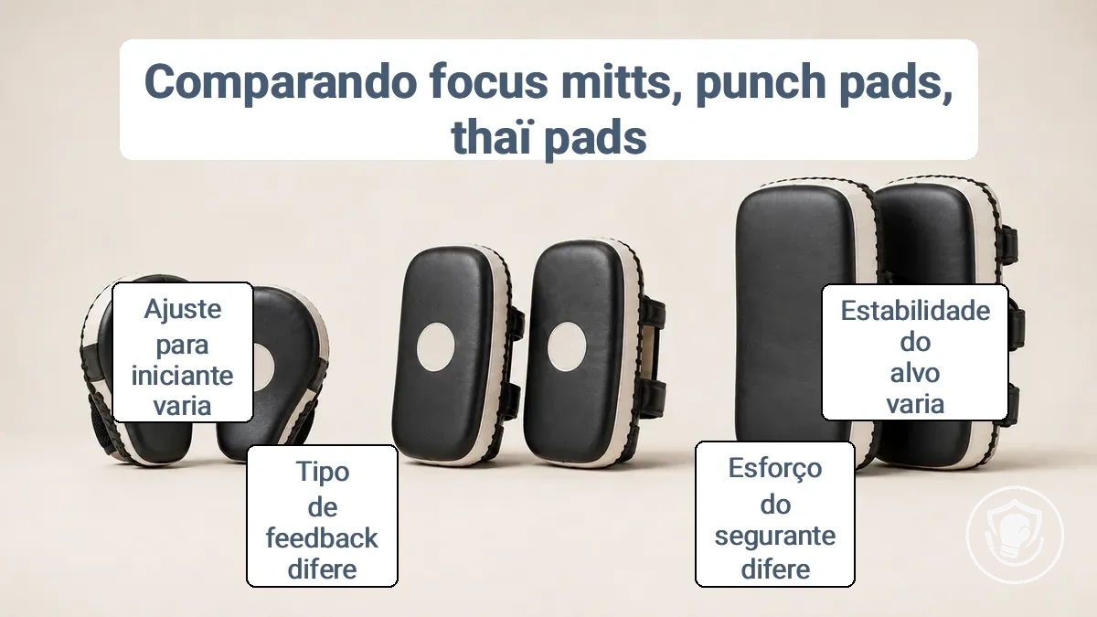 Comparação de focus mitts, punch pads e Thai pads para treino de boxe em casa, destacando diferenças de tamanho e acolchoamento.
