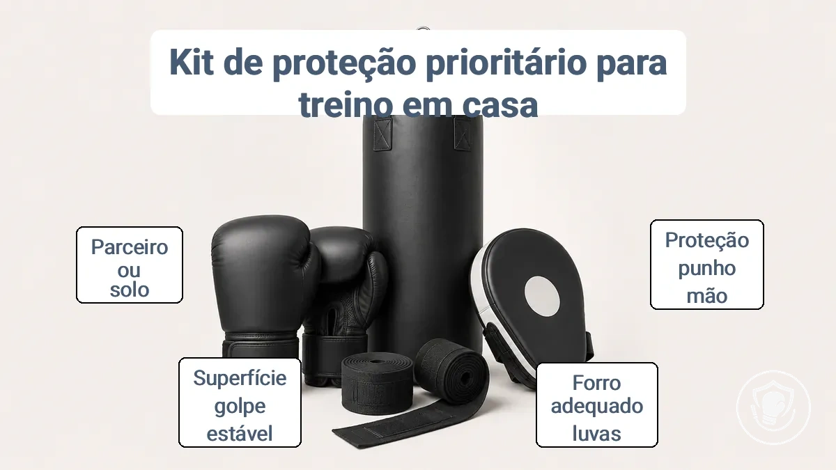 Kit inicial de boxe em casa com foco em proteção: bandagens, luvas de treino e superfície de impacto