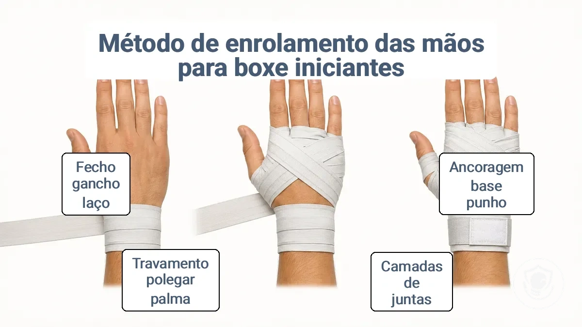 Diagrama mostrando os cinco estágios do enfaixamento: base do pulso, camadas dos nós dos dedos, passes pelos dedos, trava do polegar/palma e fechamento.
