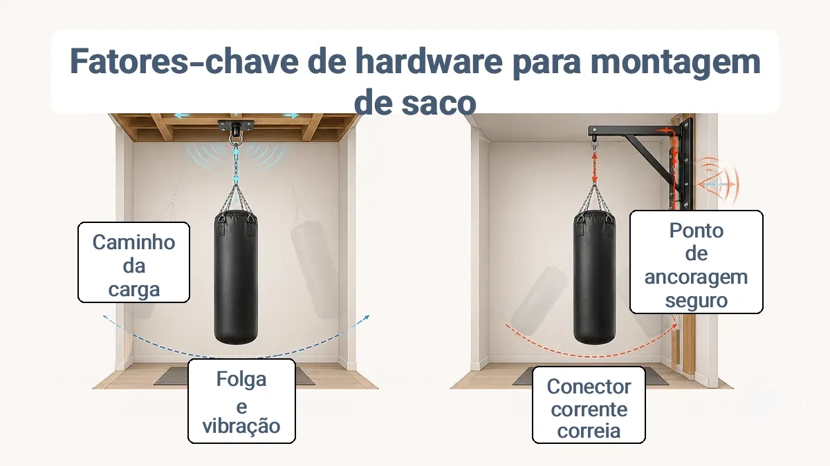 Diagrama mostrando o caminho de carga do saco de pancadas suspenso através do conector até o suporte de teto ou parede e por que a folga e a vibração são importantes.