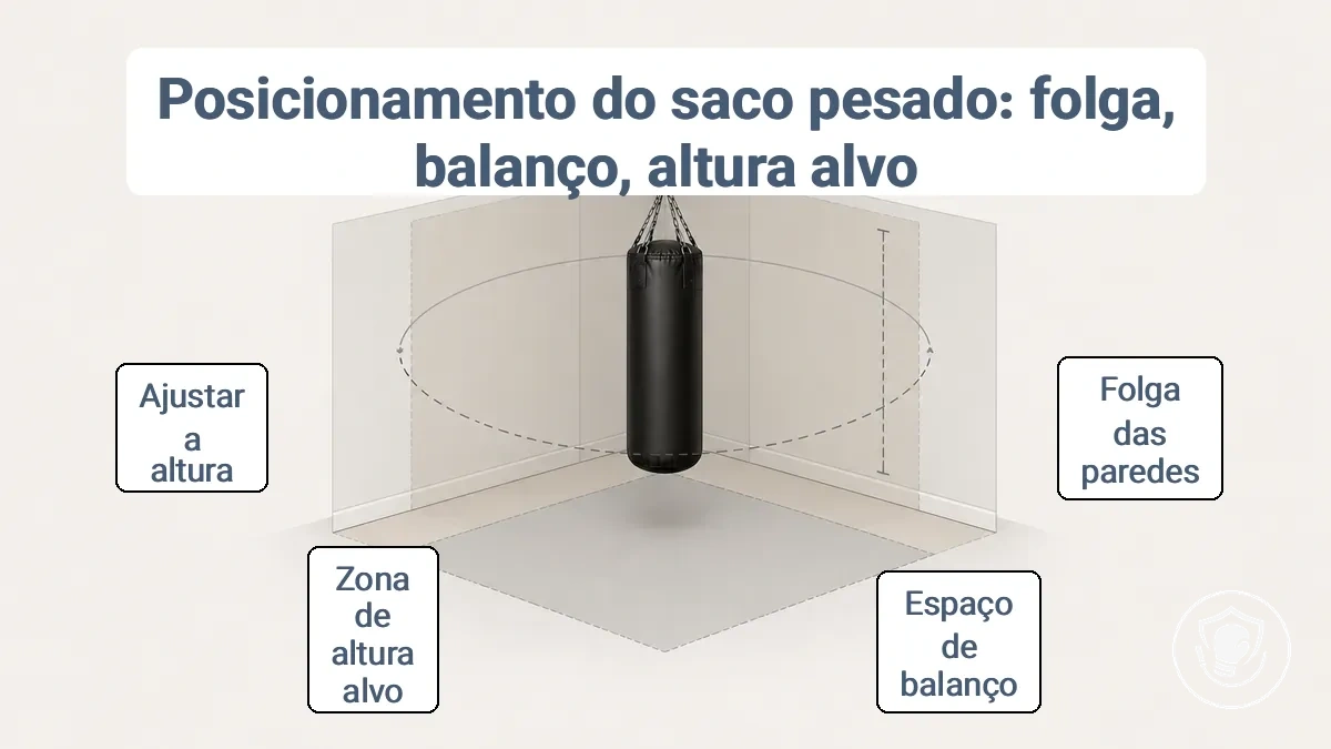 Diagrama de layout do cômodo mostrando o arco de balanço, a distância da parede e a linha de altura do alvo para uma área de treino com saco de pancada