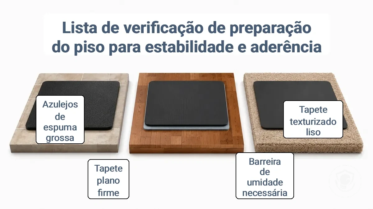 Comparação de superfícies de piso, madeira e carpete com sobreposição de tapete de ginástica destacando diferenças de aderência e proteção