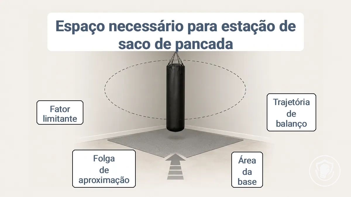 Diagrama mostrando medidas para espaço da estação de saco de pancada incluindo área, raio de balanço e folga de aproximação