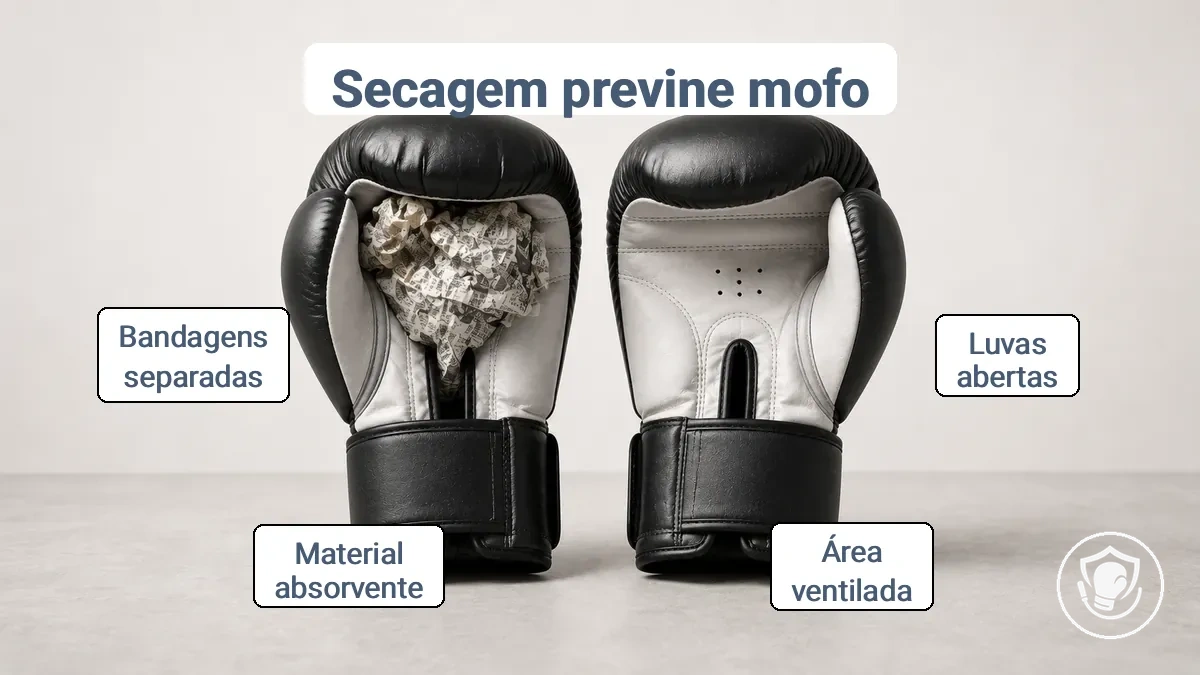 Diagrama mostrando luvas de boxe abertas para ventilação e secagem do interior após o treino.