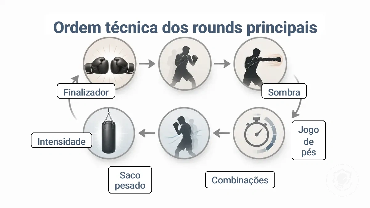 Diagrama do fluxo de rounds do aquecimento ao desaquecimento com opções de substituição para setups sem equipamento e com saco de pancadas