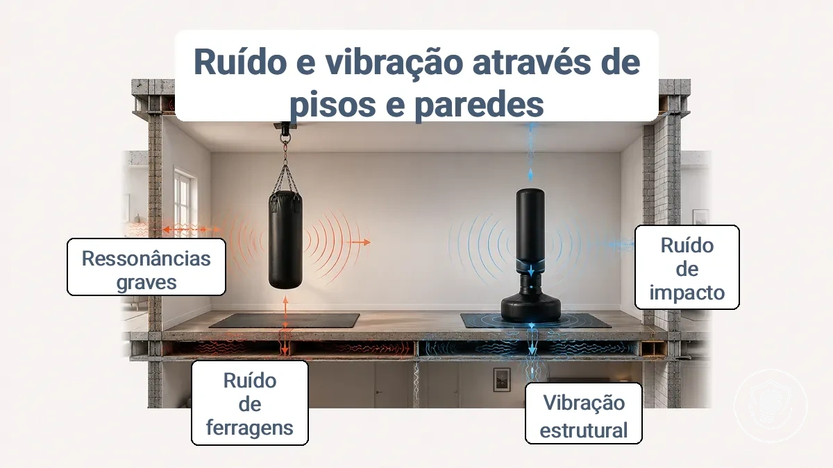 Diagrama mostrando os caminhos de transferência de ruído e vibração para sacos de pancadas suspensos vs de pé em um ambiente de apartamento.