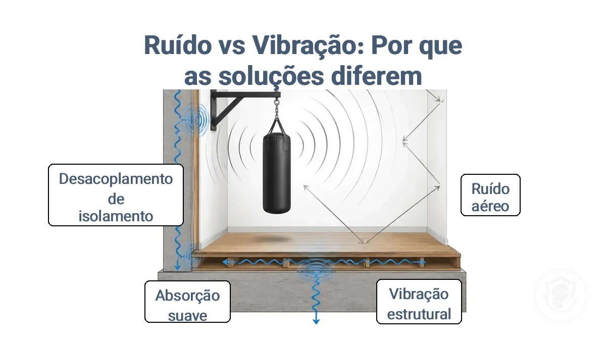 Diagrama comparando a transmissão de ruído aéreo (eco/barulho metálico) e a transmissão de vibração estrutural (tremor/baque) em uma montagem de saco de pancadas caseira, mostrando parede, piso e ponto de montagem.
