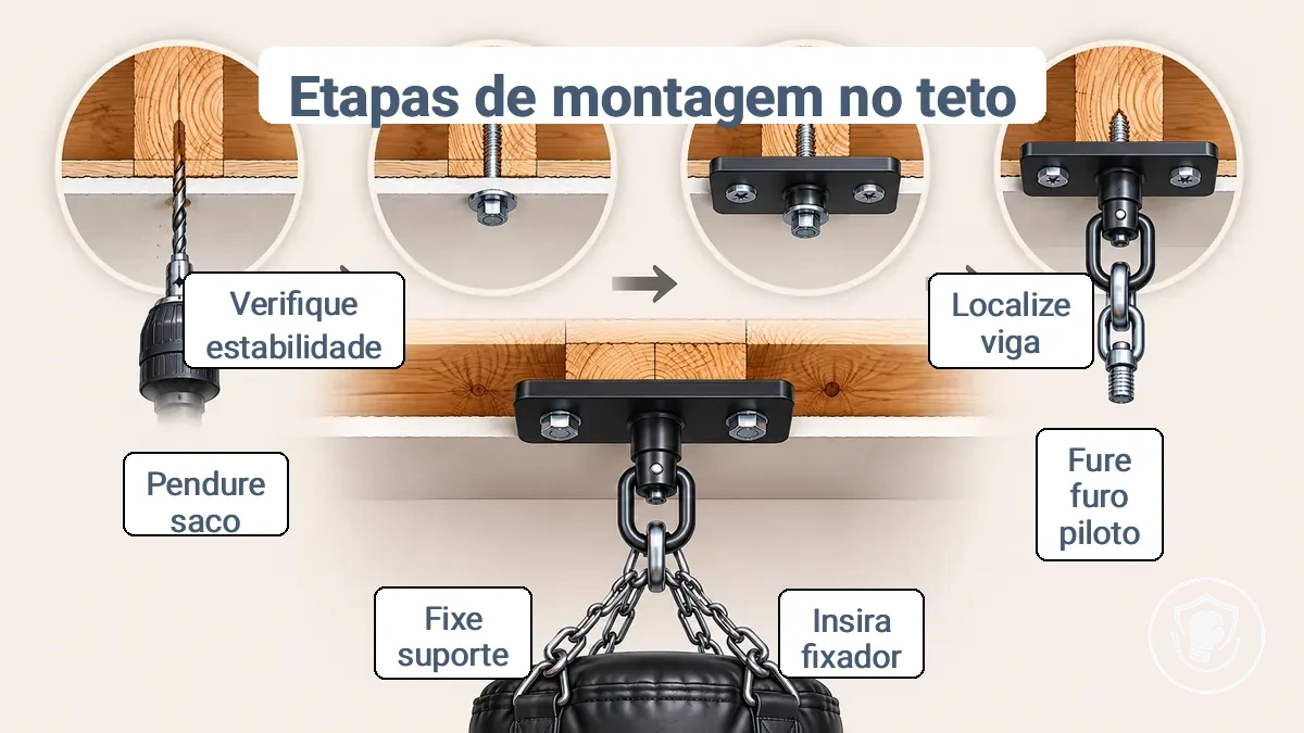 Diagrama mostrando etapas de instalação de montagem no teto: marcação do barrote, perfuração do furo piloto, fixação da placa, conexão da corrente e girador para saco de boxe.