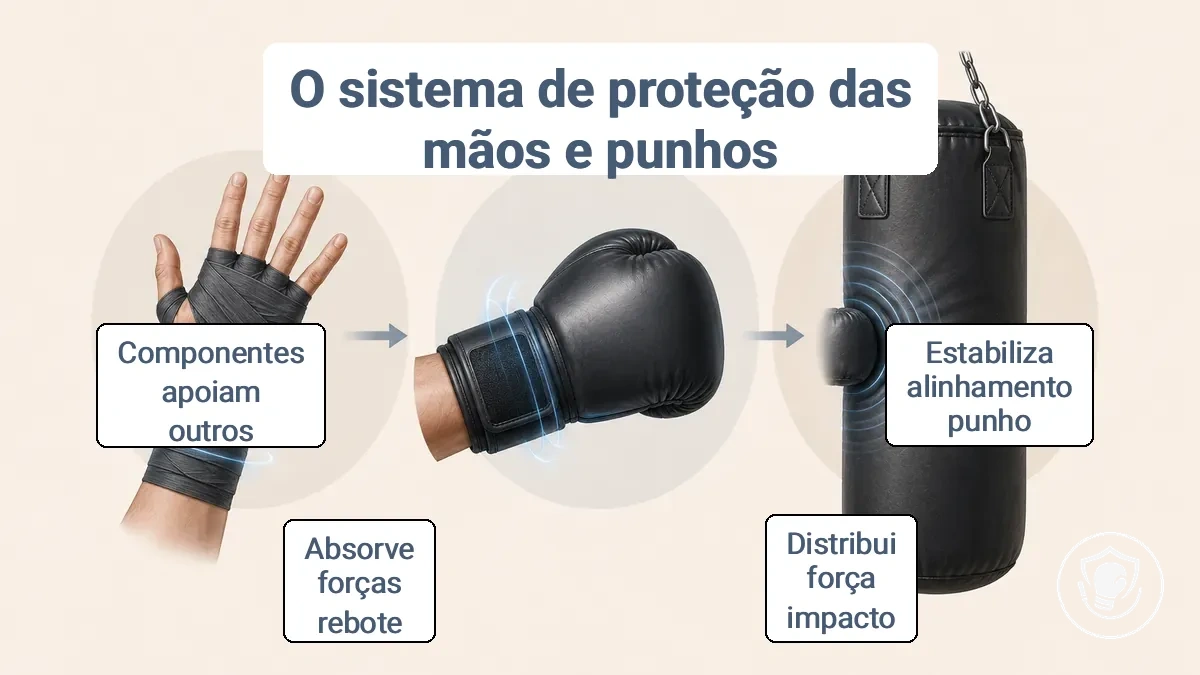 Diagrama legendado do sistema de proteção de três camadas mostrando bandagens dentro da luva, fechamento e punho da luva, e superfície de impacto