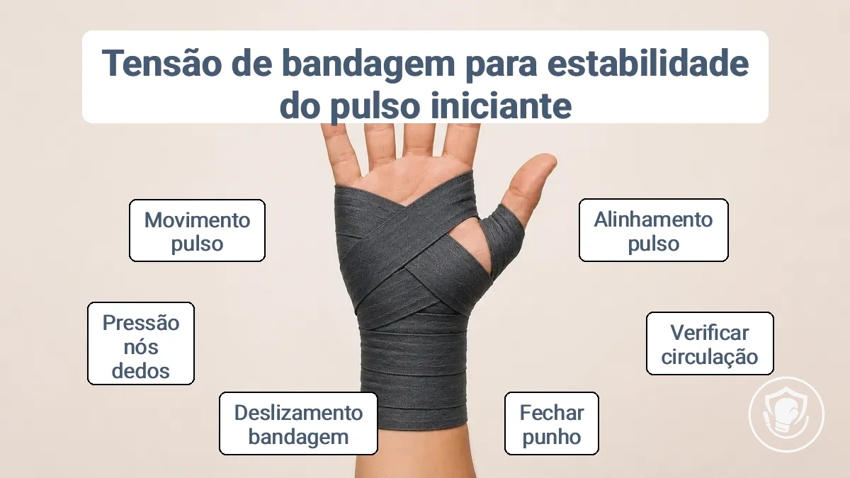 Diagrama das zonas corretas de cobertura da bandagem no punho e nós dos dedos com indicações para condições muito apertadas e muito frouxas