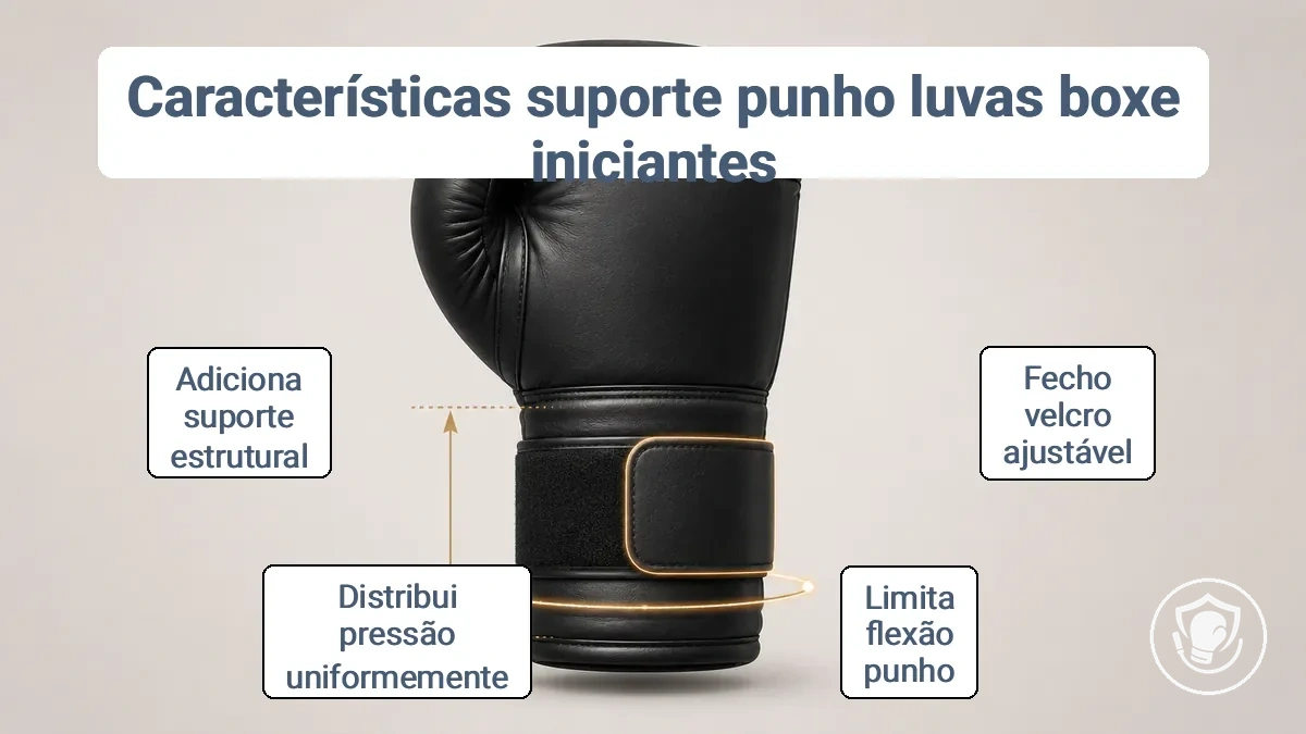 Diagrama de uma luva de boxe mostrando a tira de velcro, a altura do punho e a linha do punho para estabilidade