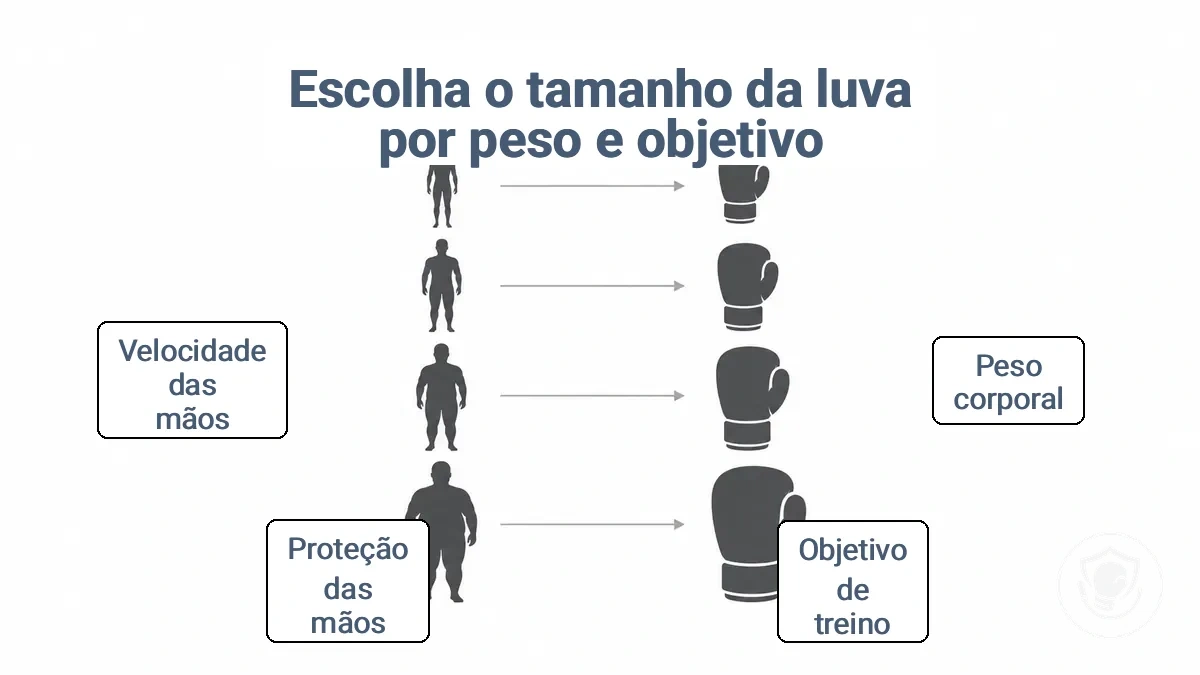 Tabela de tamanhos de luvas de boxe para iniciantes mostrando faixas iniciais em onças por faixa de peso corporal e objetivo de treino