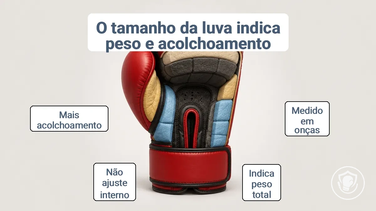 Luva de boxe mostrando medida de peso em onças e distribuição interna do acolchoamento