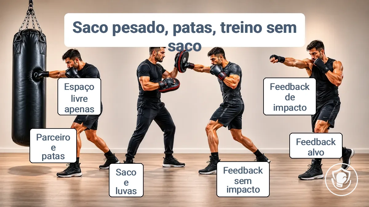 Diagrama comparando feedback e requisitos do treino com saco pesado, manoplas e treino sem saco