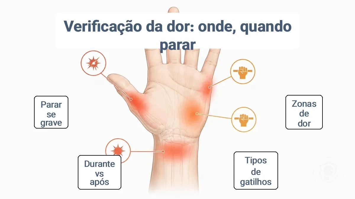 Diagrama anotado da mão e punho mostrando zonas de localização da dor e tipos comuns de gatilho