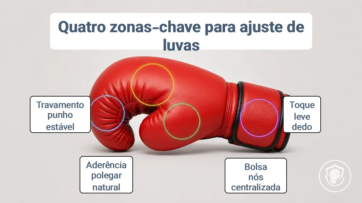 Zonas de verificação de ajuste da luva de boxe anotadas: dedos, nós dos dedos, posição do polegar e trava do punho