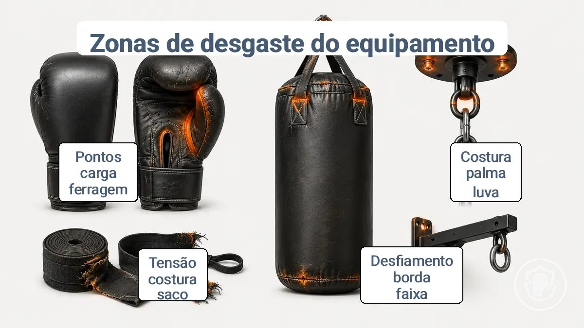 Diagrama legendado das zonas de desgaste comuns em luvas de boxe para iniciantes, bandagens, saco de pancadas e hardware de montagem