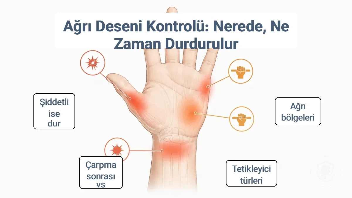 Ağrı konum bölgelerini ve yaygın tetikleyici türlerini gösteren işaretlenmiş el ve bilek diyagramı
