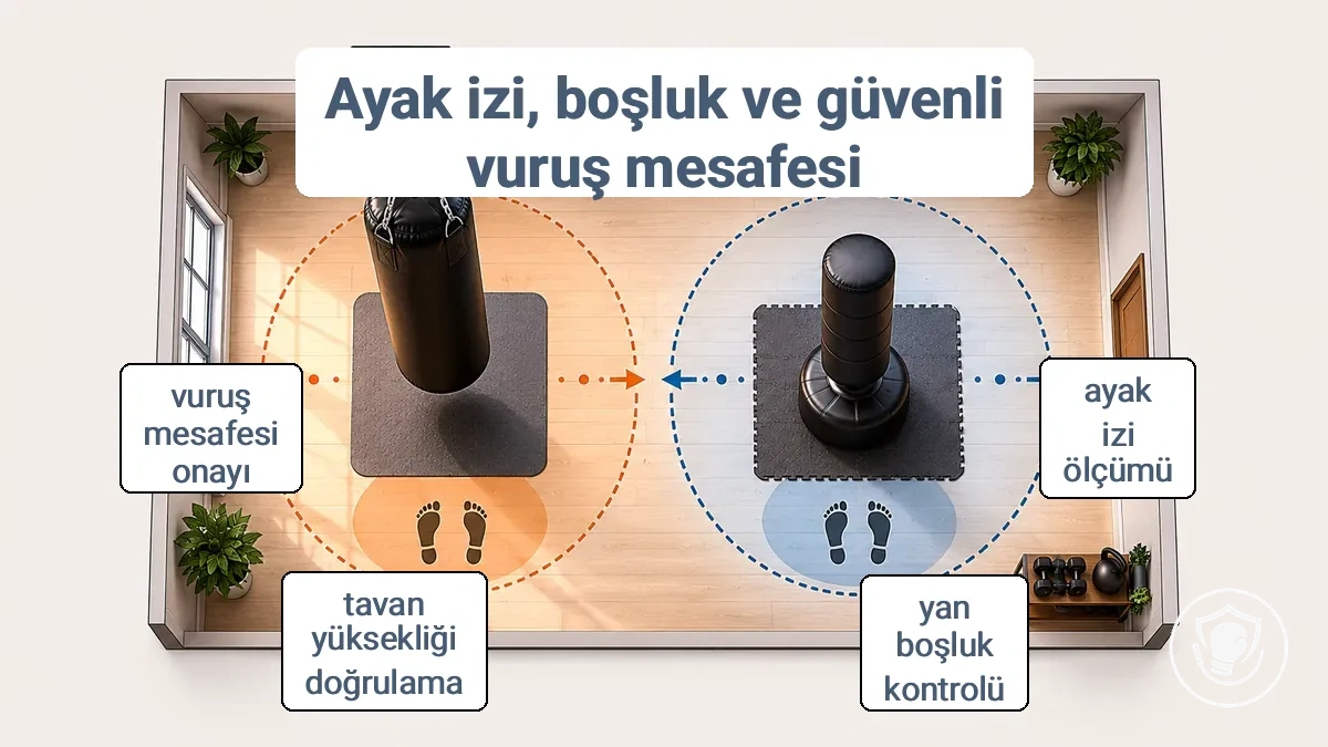 Asılı ve ayakta kum torbası için ayak izi ve boşluk bölgeleri ile güvenli vuruş mesafesini gösteren işaretlenmiş oda düzeni.