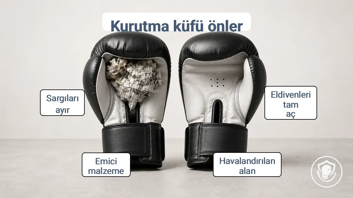 Antrenmandan sonra iç kısmı kurutmak için hava akışına açık konumlandırılmış boks eldivenlerini gösteren diyagram.