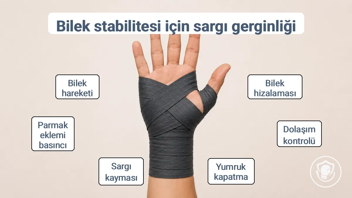 Bilek ve mafsallardaki doğru bandaj kapsama bölgelerini, çok sıkı ve çok gevşek durumları için uyarılarla gösteren diyagram