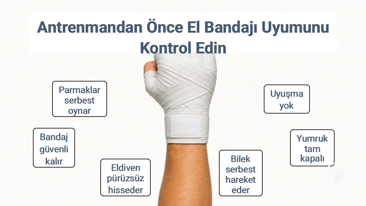 Eldivenli bir elin yumruk yapmış, bileği düz ve bandaj uçları düz bir şekilde doğru uyumu gösteren görüntüsü