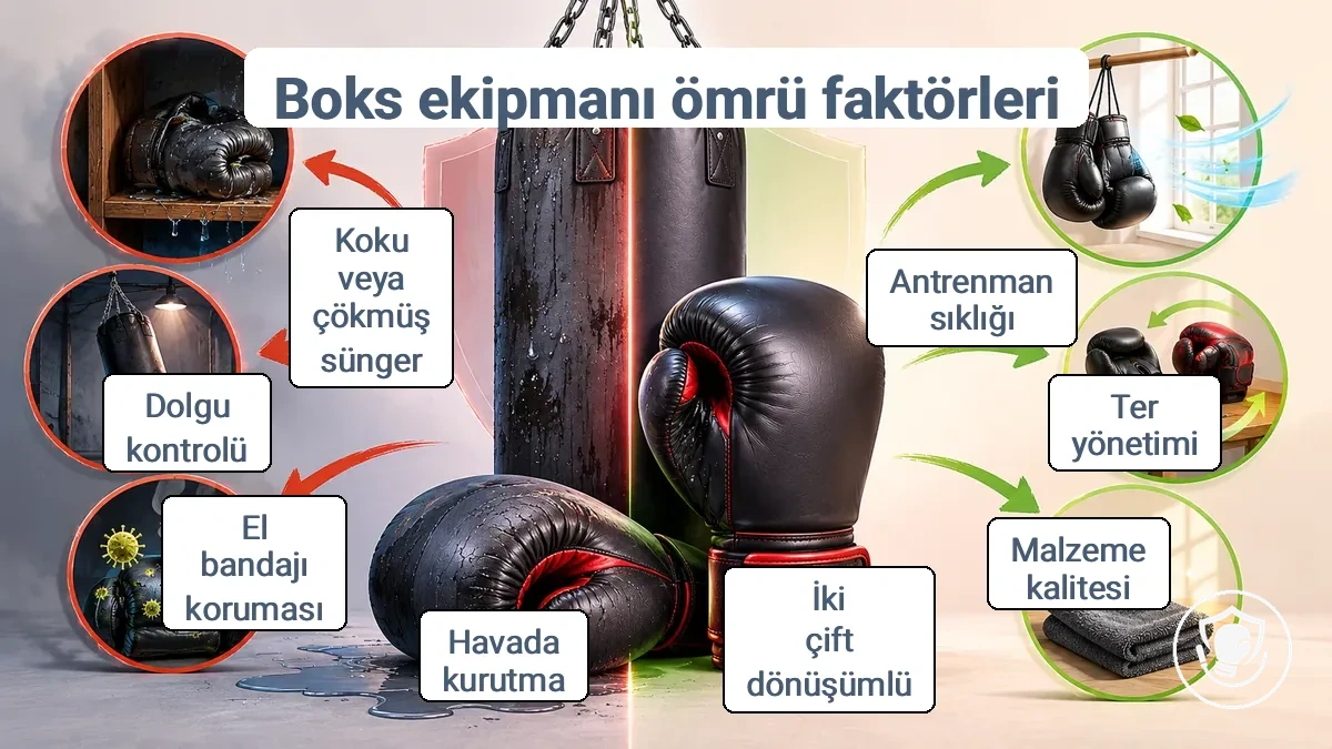 Yeni başlayanlar için boks ekipmanının kullanım ömrü aralığını gösteren, dayanıklılığı kısaltan ve uzatan faktörleri belirten infografik