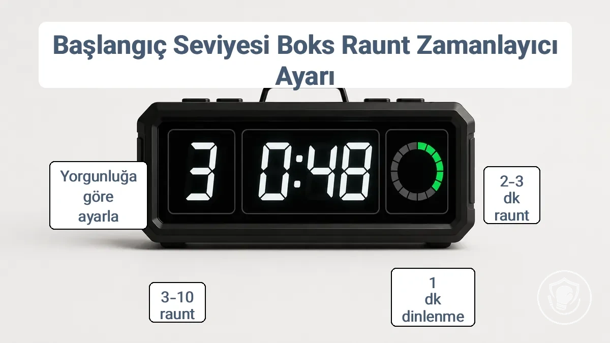 Yeni başlayan antrenmanı için raunt numarası, geri sayım süresi ve dinlenme göstergesini gösteren boks raunt zamanlayıcısı kurulumu