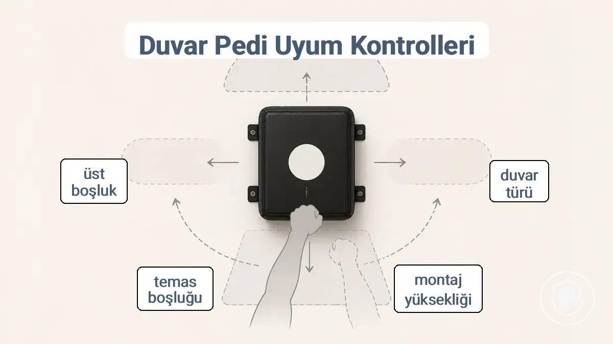 Küçük bir ev boks kurulumunda duvara monte yumruk pedi yüksekliği ve güvenli temas bölgesinin açıklamalı örneği.