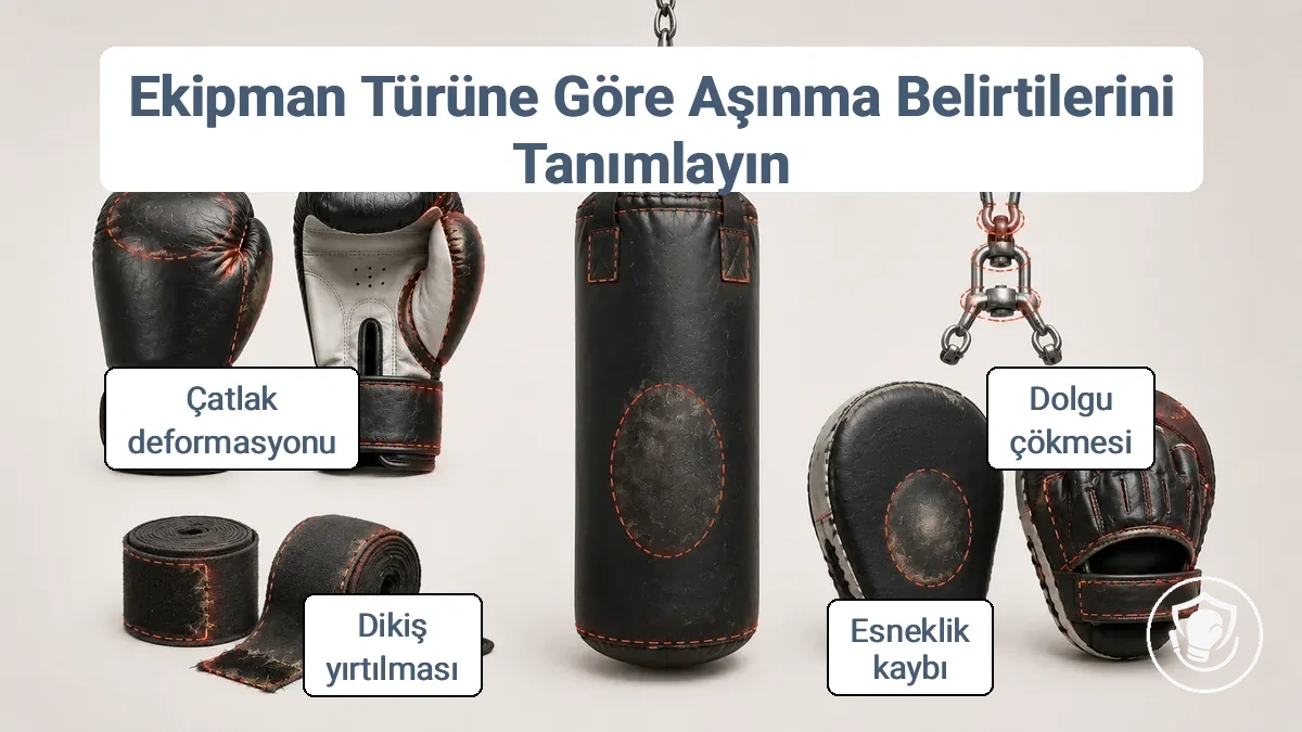 Eldivenler, el sargıları, kum torbası, askı donanımı ve fokus eldivenleri üzerinde etiketlenmiş aşınma konumlarına sahip boks ekipmanı türleri