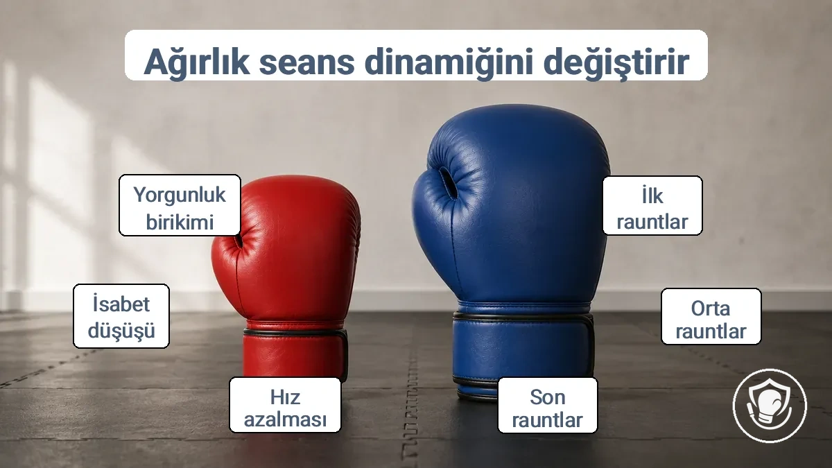 Farklı ağırlıklardaki boks eldivenleri spor salonu zemininde, ekstra ağırlığın hız ve yorgunluğu raundlar boyunca nasıl etkilediğini gösteriyor