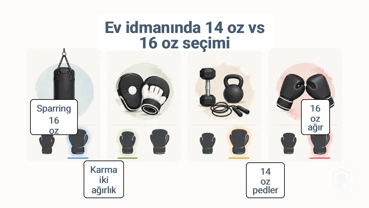Ağır kum torbası, pedler, karma seanslar ve sparringin 14 oz ve 16 oz eldiven eğilimlerine nasıl eşlendiğini gösteren karar matrisi
