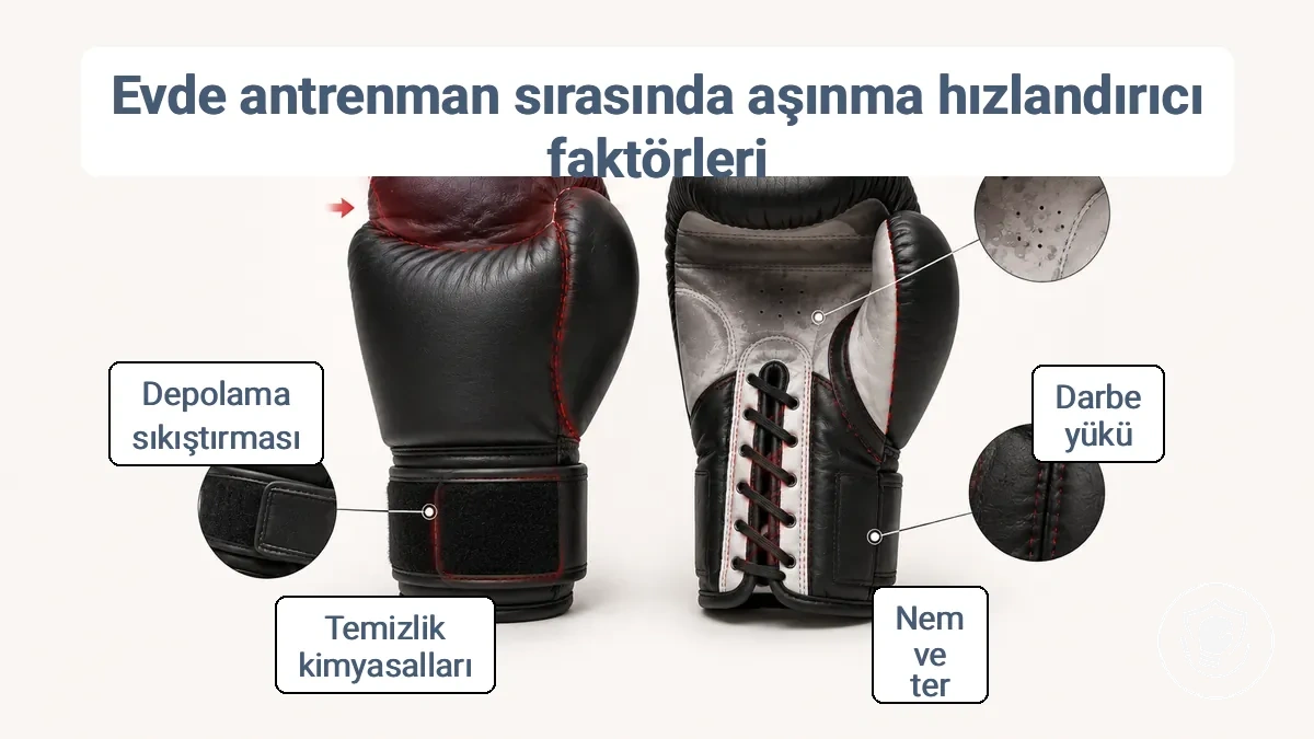 Evde boks eldivenlerinde aşınma hızlandırıcı baskı noktalarını gösteren diyagram: tere yatkın astar alanları, kapatma bağlantı elemanları, yüksek sürtünmeli dikişler ve depolama ezilme bölgeleri