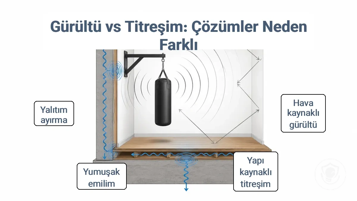 Evde boks torbası kurulumunda havadan yayılan gürültü iletimi (yankı/şangırtı) ile yapıdan yayılan titreşim iletimini (gümbürtü/sallanma) karşılaştıran, duvar, zemin ve montaj noktasını gösteren şema.