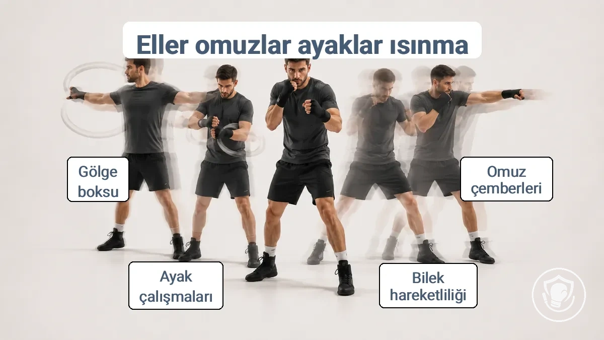 Isınma bloğu sırası: omuz daireleri, bilek hareketliliği, ayak hareketi drillleri, koruma duruşu ve hafif yumruk çalışması.