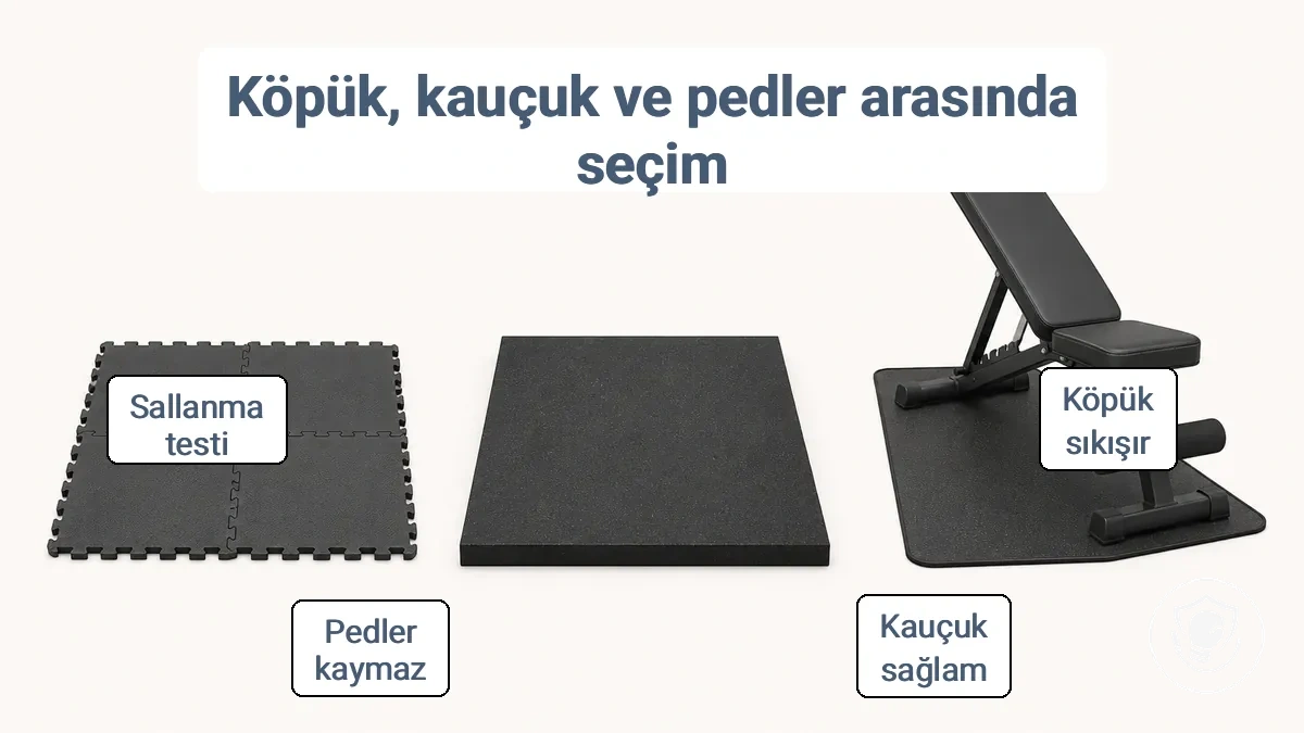 Ekipman zemini koruması için köpük levha, kauçuk zemin kaplaması ve kaymaz ped karşılaştırması